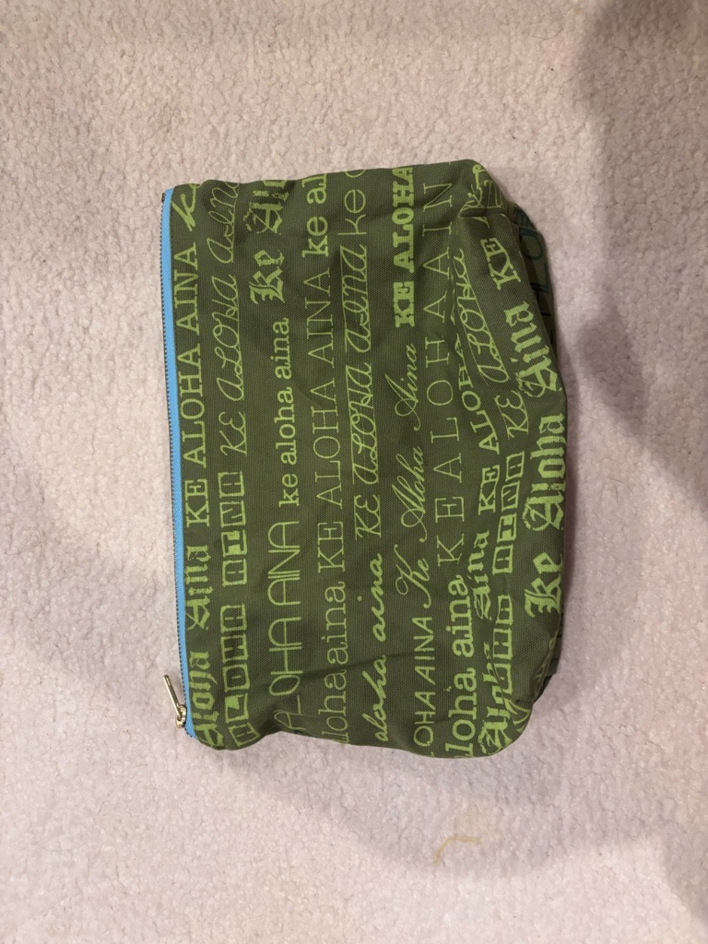 ALOHAS Olive Green Logo Print Wristlet Clutch with Light Blue Trim
